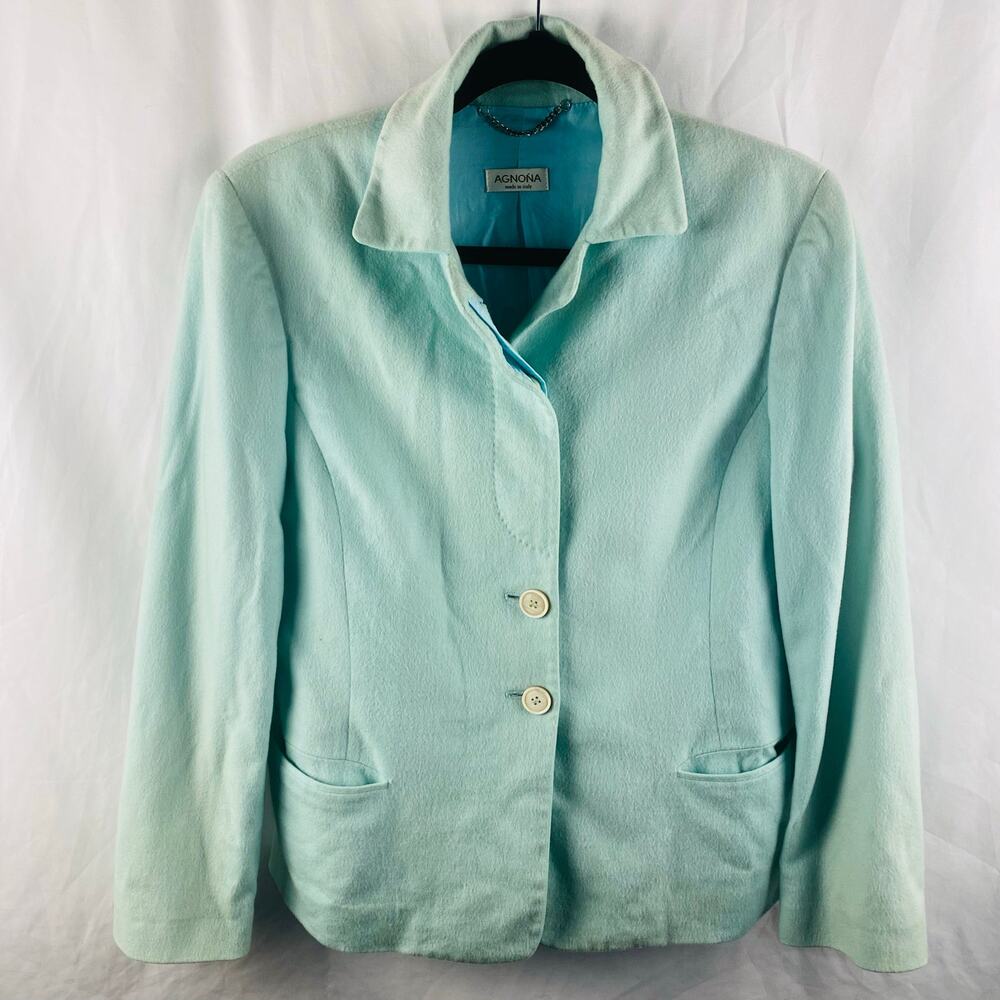 Agnona 100% Cashmere Cupro Lined Mint Pastel Green Single Breasted Blazer Sz 10